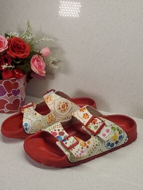 BIRKIS White Multicolor Polka-Dot Double Buckle Slides (sz 10)